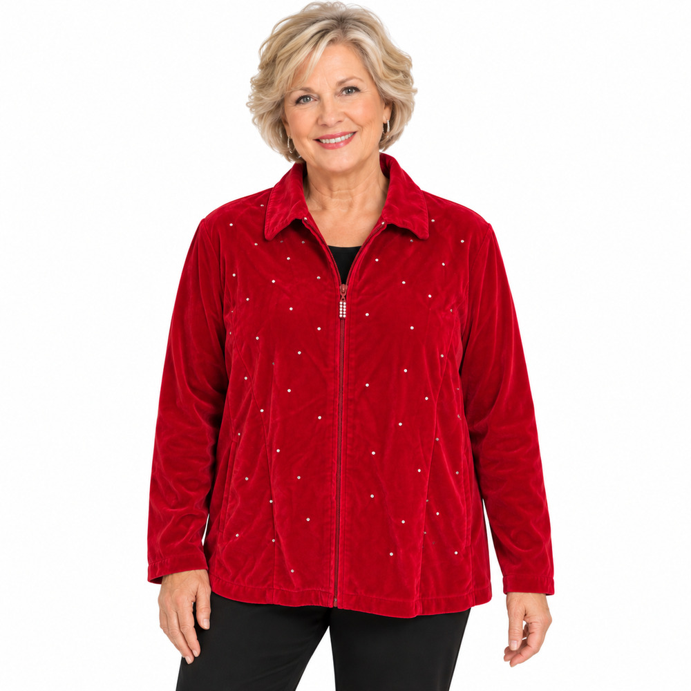 The Quacker Factory Red Velvet Rhinestone Full Zip 100% Cotton Jacket sz M